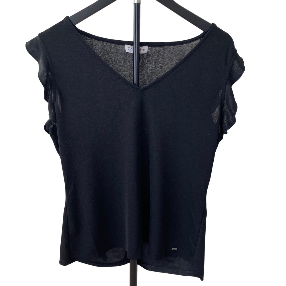 Calvin Klein Womens Black V-Neck Ruffle Cap Sleeve Blouse Top Solid Size‎ M